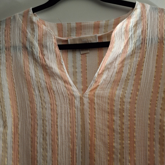 Michael Kors Women's Striped Sheer Pink, White, and Tan Blouse - Picture 2 of 6